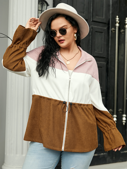 YOINS Plus Size Color Block Drawstring Patchwork Jacket