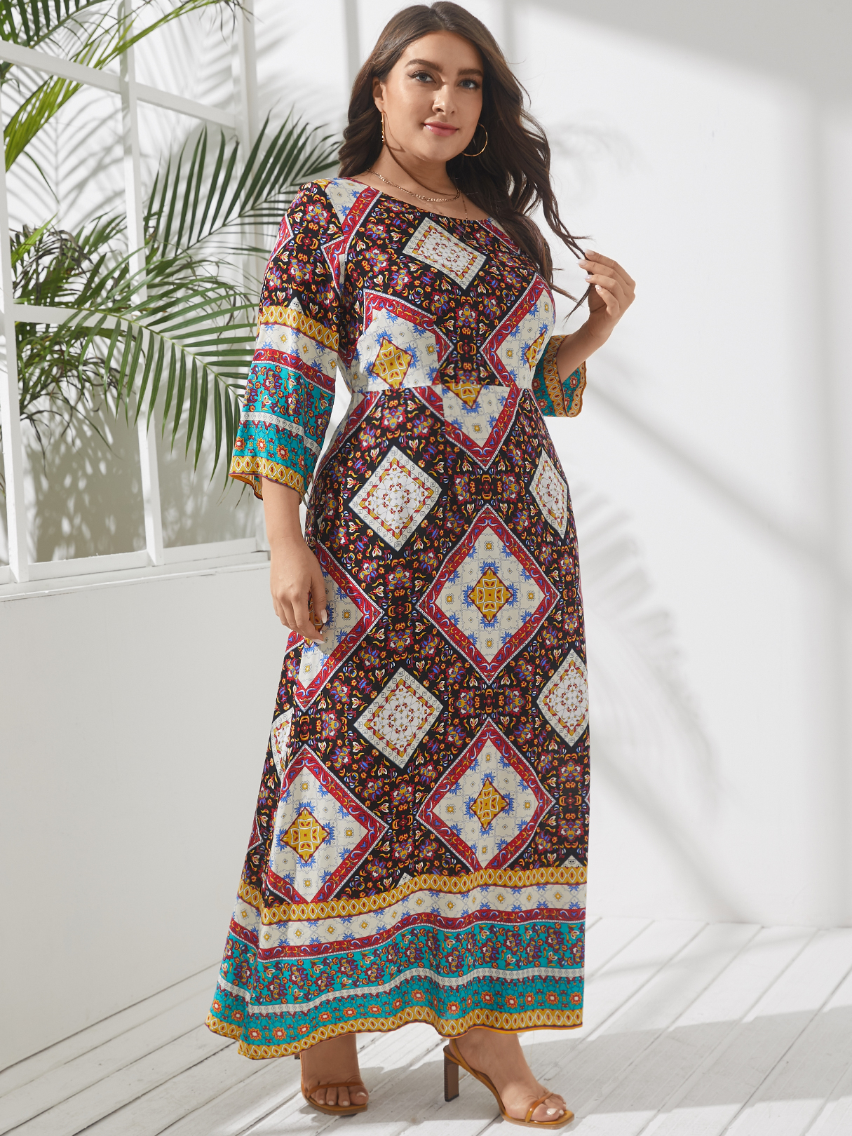 YOINS Plus Size Round Neck Tribal 3/4 Length Sleeves Maxi Dress