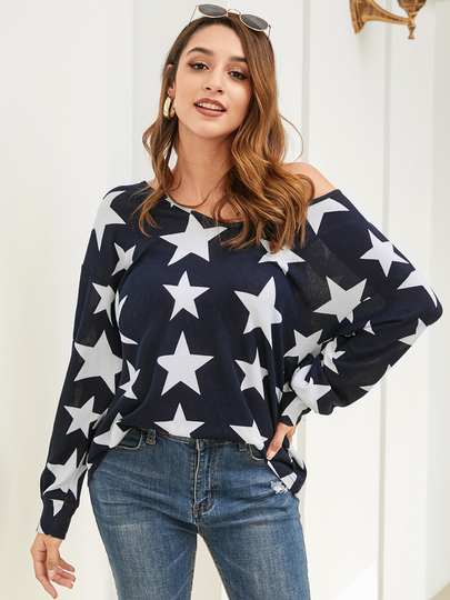 YOINS Star Graphic Bateau Bat Sleeves Tee