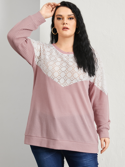 YOINS Plus Size Crew Neck Waffle Knit Patchwork Design Long Sleeves Sweater