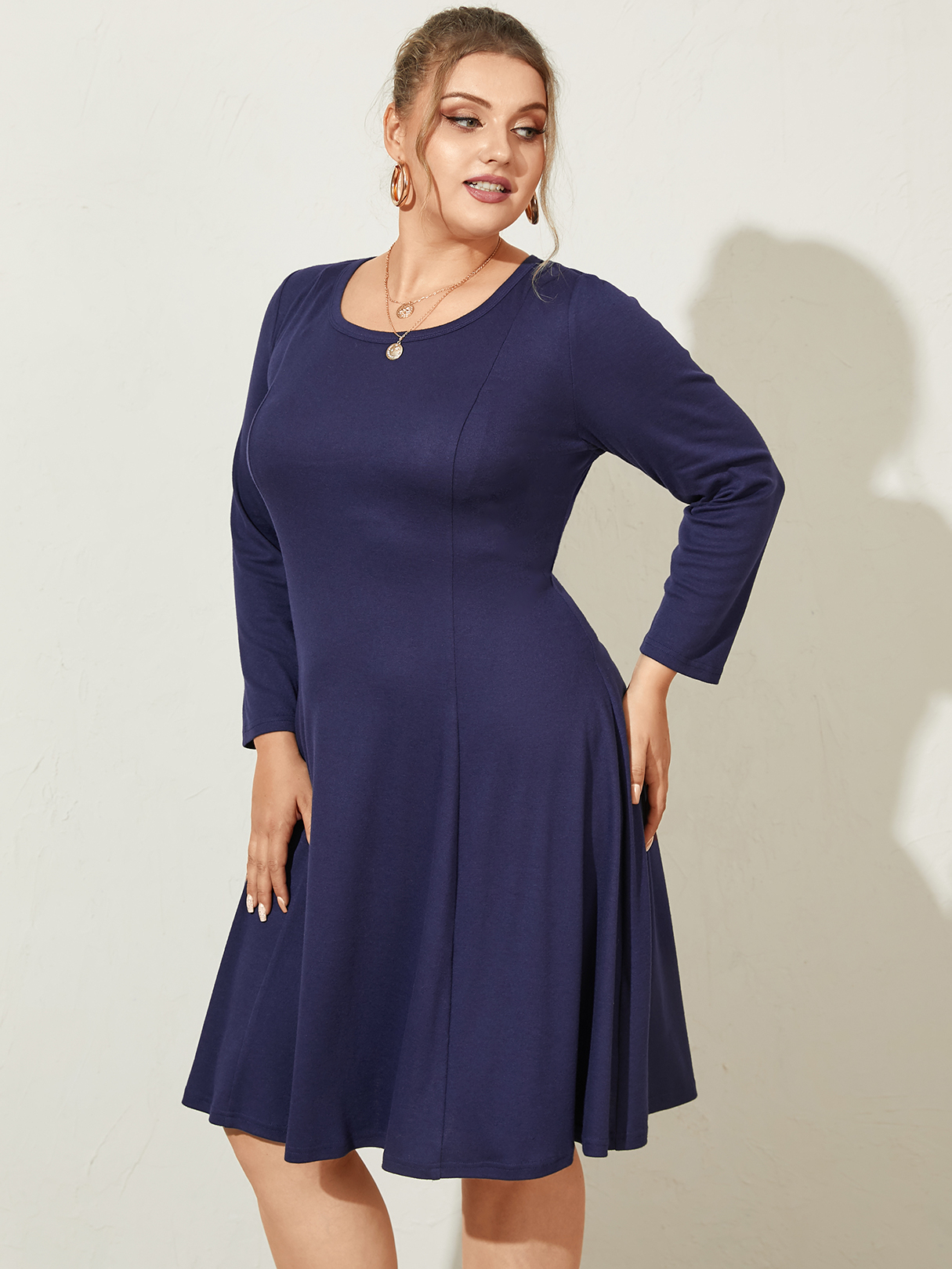 YOINS BASICS Plus Size Crew Neck Fluffy Knit Long Sleeves Mini Dress