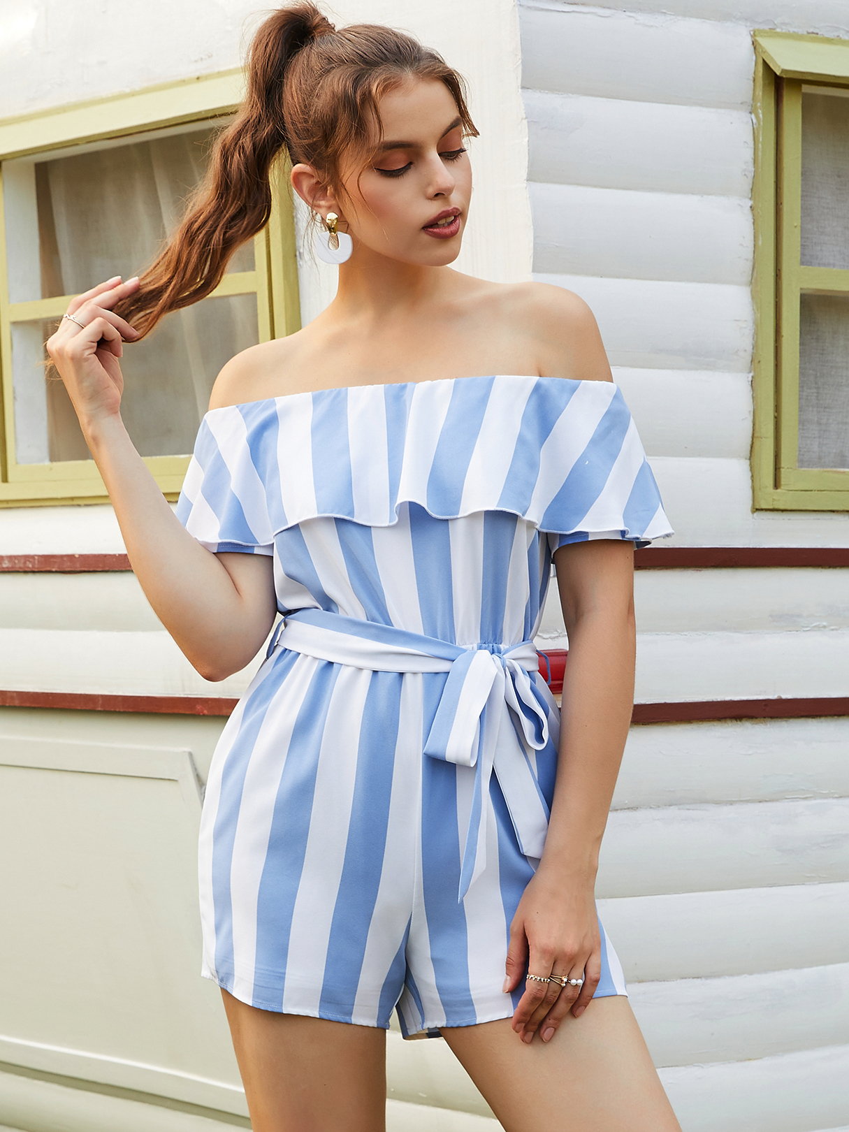 YOINS Striped Belt Design Off-The-Shoulder Overlay Playsuits