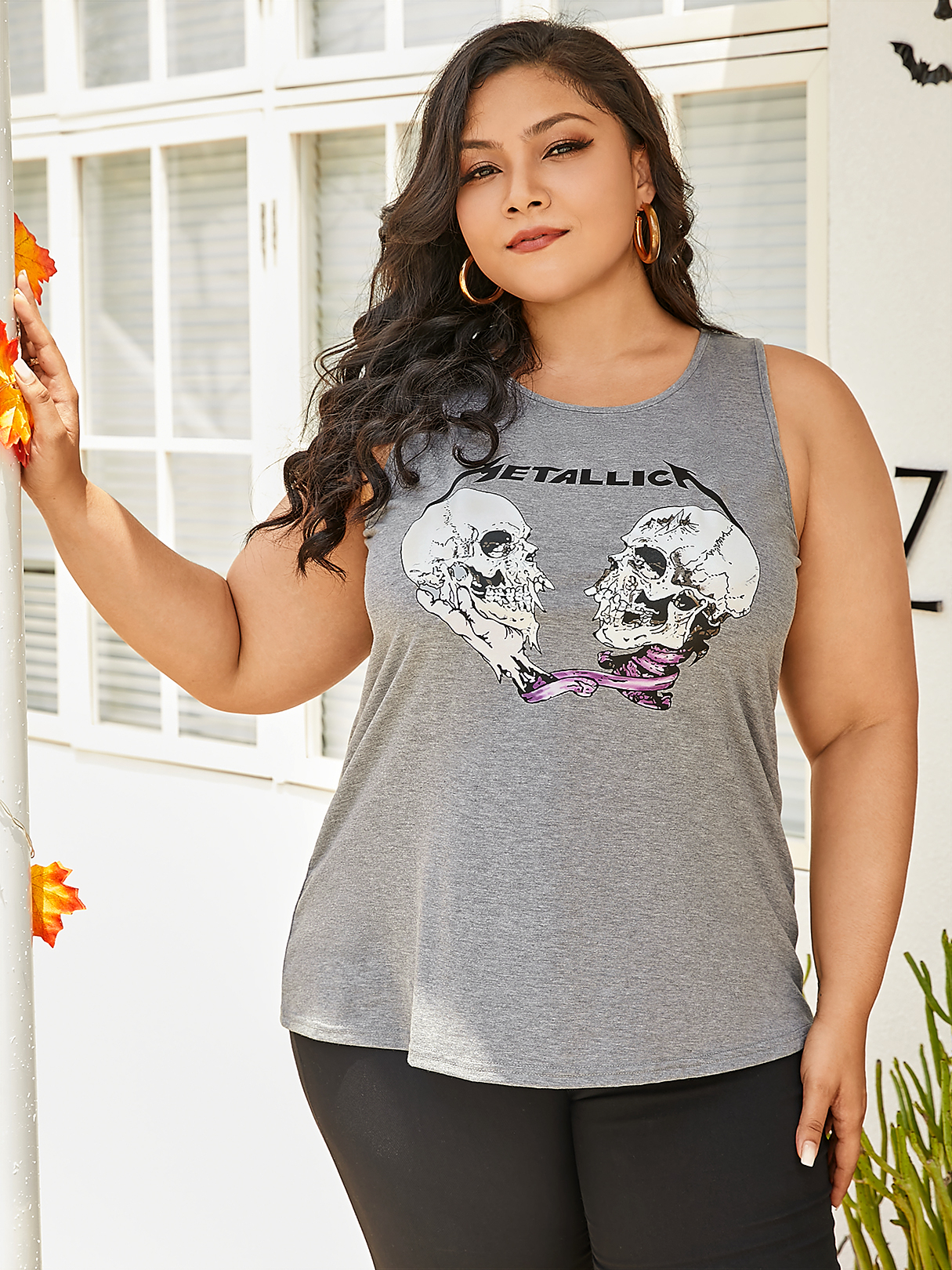 YOINS Plus Size Crew Neck Letter Skull Sleeveless Tank Top