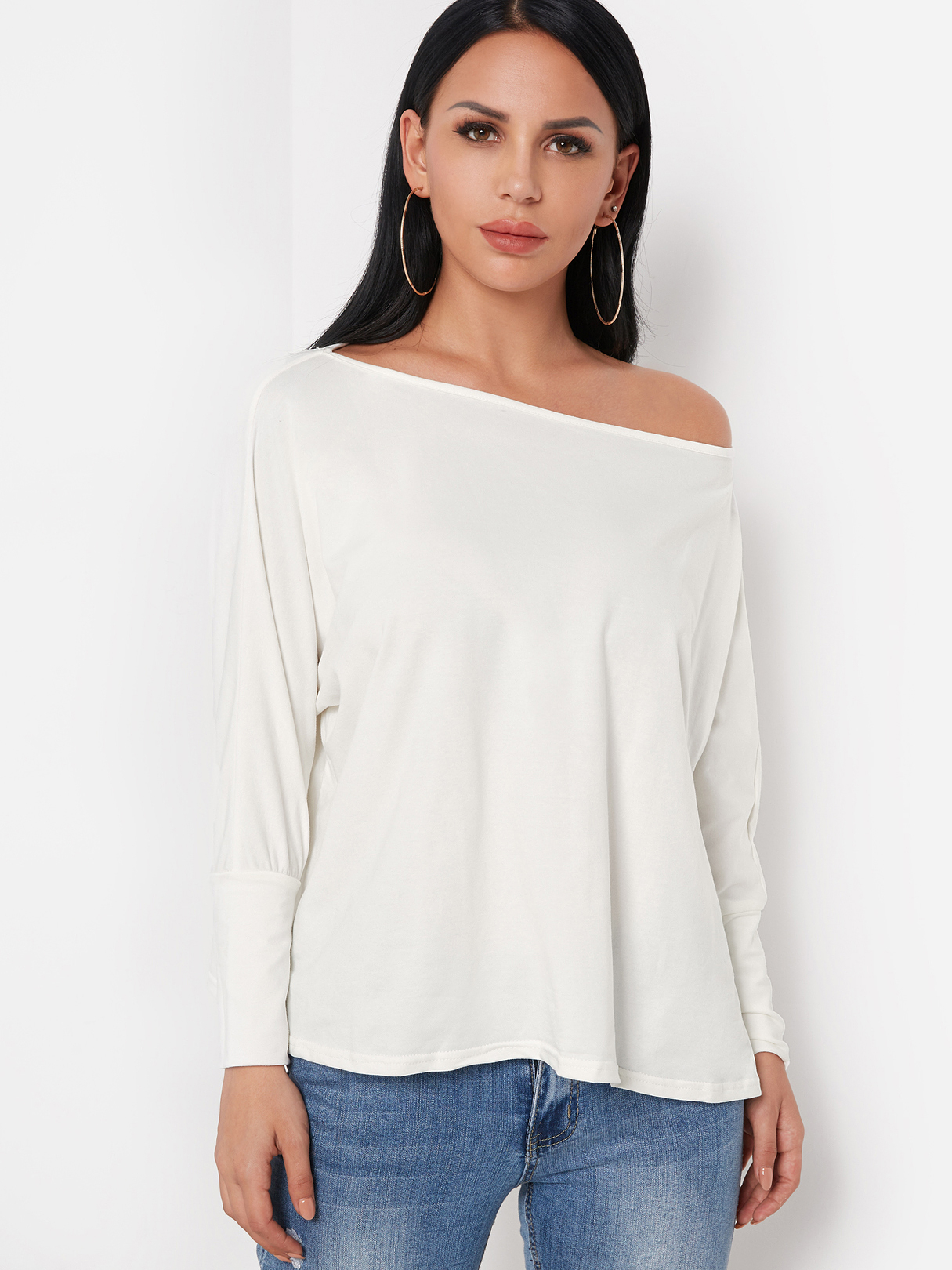 YOINS BASICS White Oversize One Shoulder Long Sleeved Top