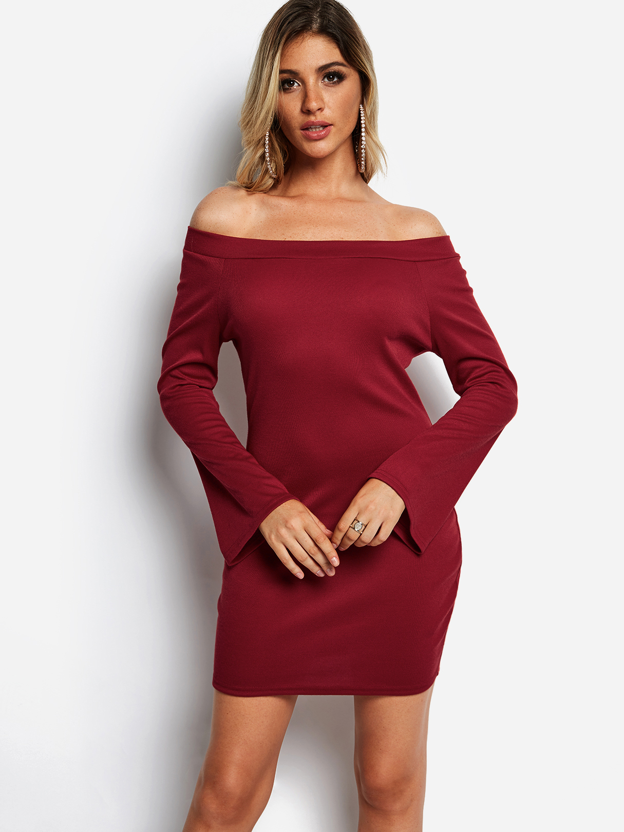 YOINS BASICS Burgundy Plain Off The Shoulder Flared Long Sleeves Mini Dress