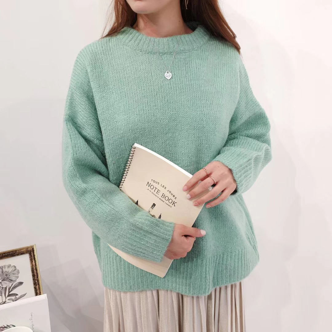 Seoulflash - Round Neck Plain Knit-Sweater - Green/One Size