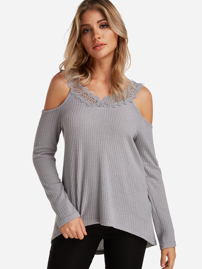 Grey Lace Trim Plain Cold Shoulder Long Sleeves T-shirt