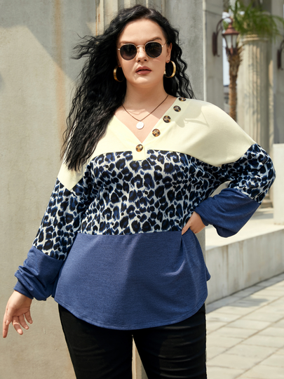 YOINS Plus Size V-neck Leopard Button Design Patchwork Design Sweater