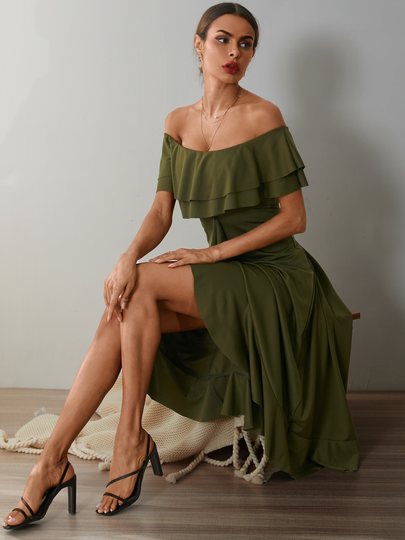 YOINS Off the shoulder Ruffle trim Maxi Dress