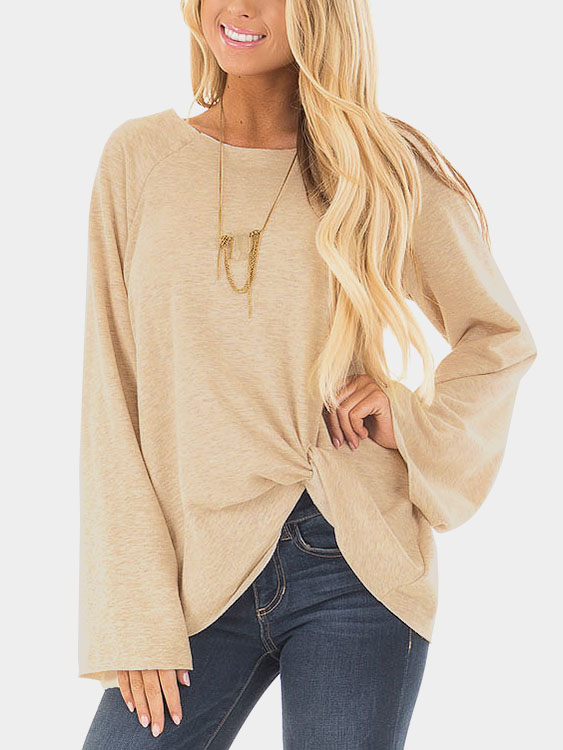 Beige Crossed Front Design Plain Round Neck Flared Sleeves T-shirt