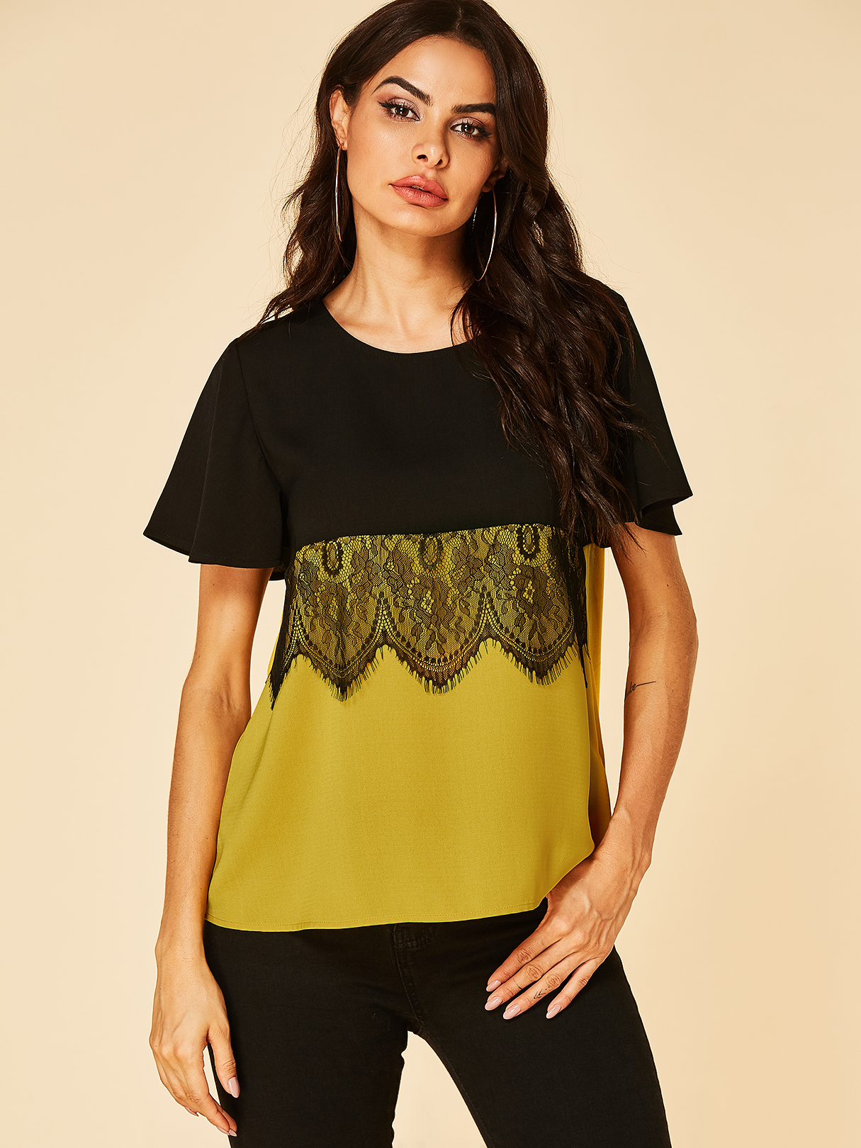 YOINS Color Block Lace Details Round Neck Short Sleeves Tee