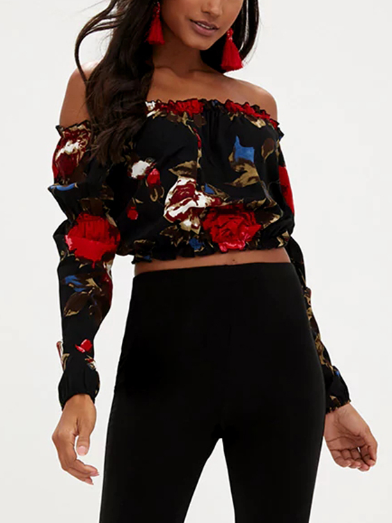 Black Random Floral Print Off The Shoulder Crop Top