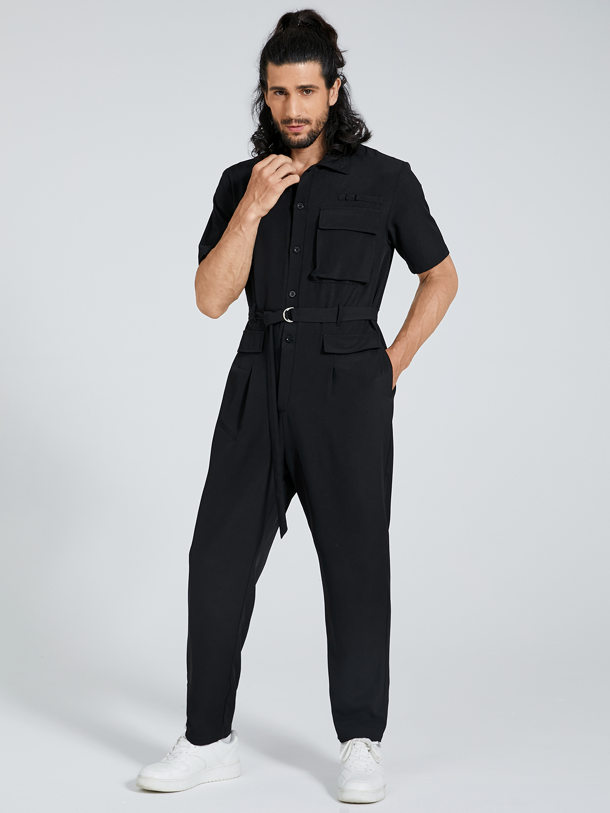 Men Casual Belt Design Button Fly Short Sleeve Overalls Jumpsuit