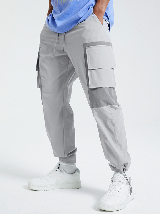 KOYYE Men Flap Pocket Color Block Patchwork Tapered Fit Cargo Pants
