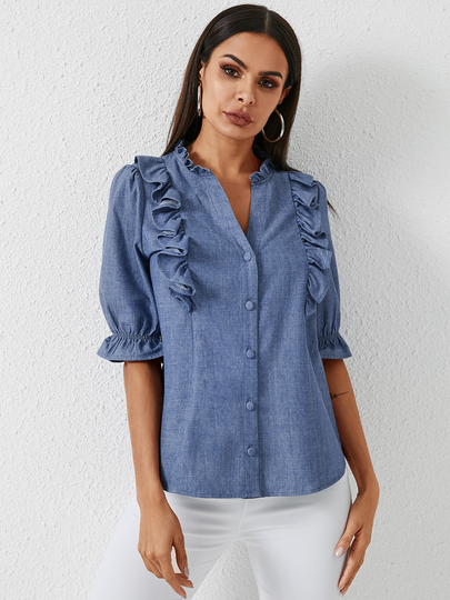 YOINS Blue Button Design V-neck Short Sleeves Blouse