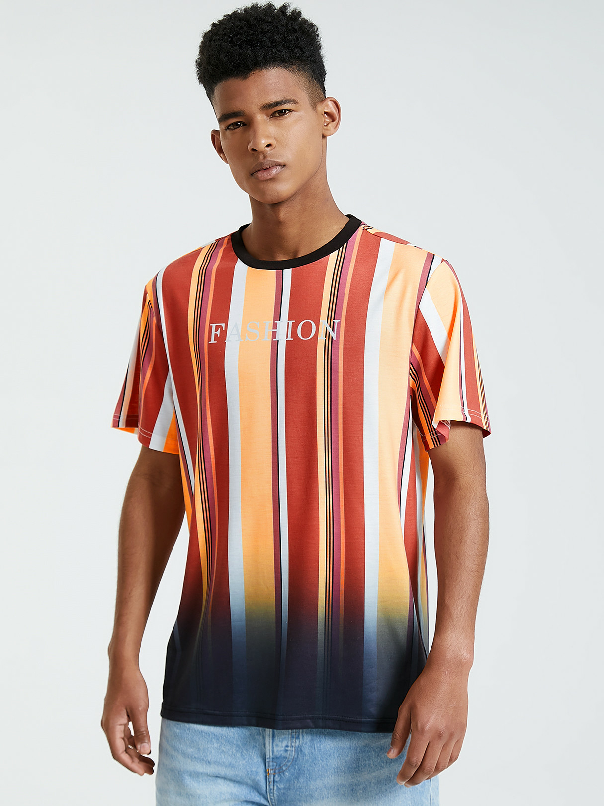 KOYYE Men Casual Striped Letter T-Shirt