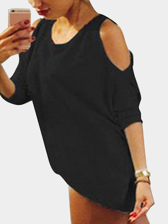 Casual Round Neck Cold Shoulder Long Sleeves T-shirts in Black