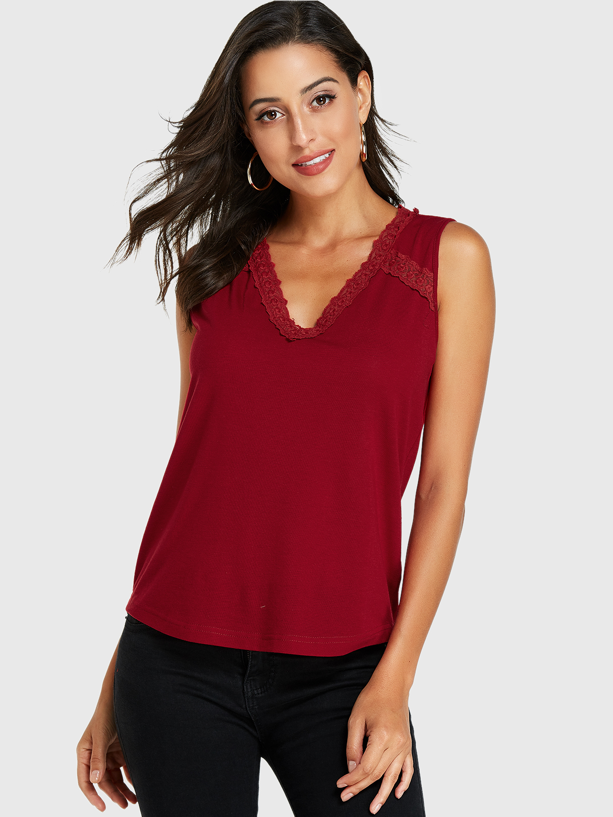 YOINS Burgundy V-neck Lace Hem Tank Top