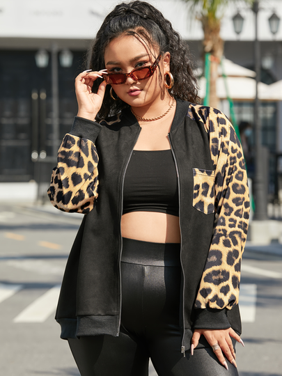 YOINS Plus Size Crew Neck Leopard Pocket Design Long Sleeves Jacket