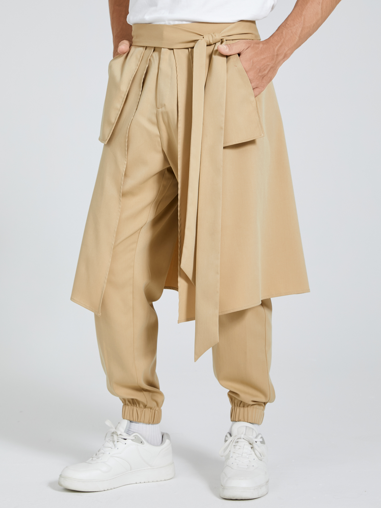 Men Japan Style Streetwear Hip Hop Knotted Harem Pants