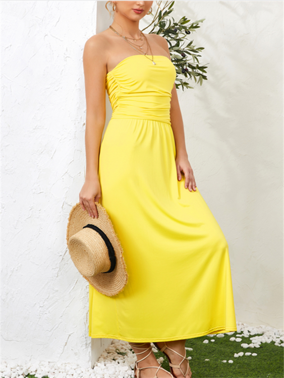 YOINS Tube Top Ruched Sleeveless Maxi Dress