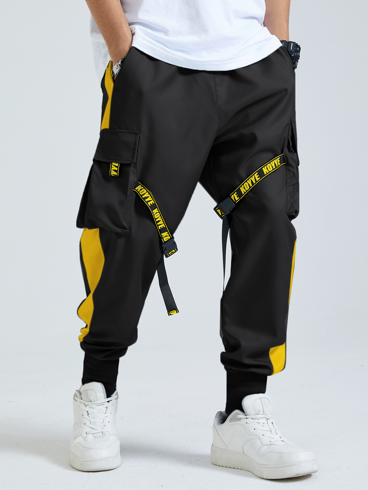 Men Casual Color Block Ribbon Elastic Waist Pocket Cargo Pants