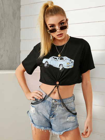 YOINS Black Car Print Chain Design Crew Neck Short Sleeves Crop Top
