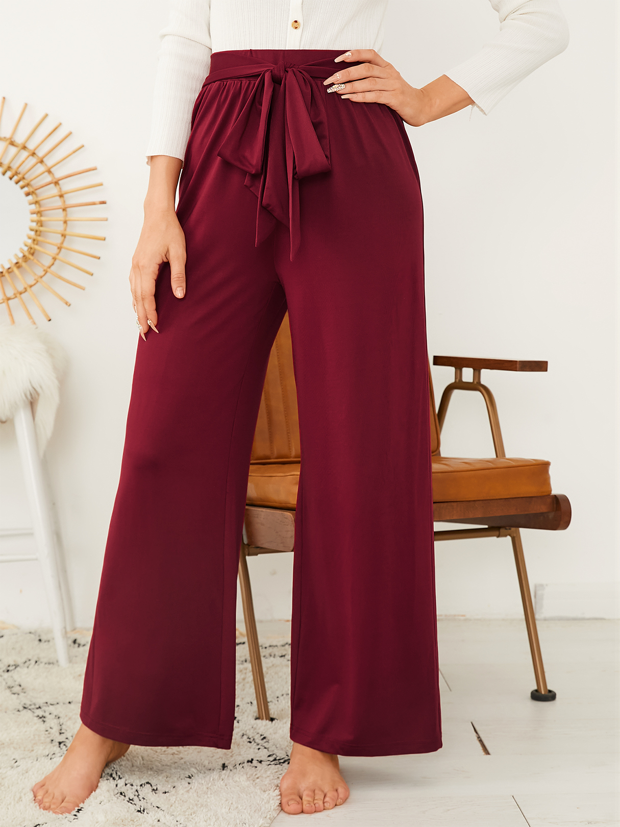 YOINS Tie-up Design Wide Leg Elastic Waist Pants