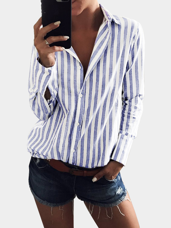 Light Blue Stripe Shirt With Irregular Hem