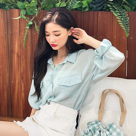 chuu - Long-Sleeve Pocket Front Sheer Shirt - Beige/One Size