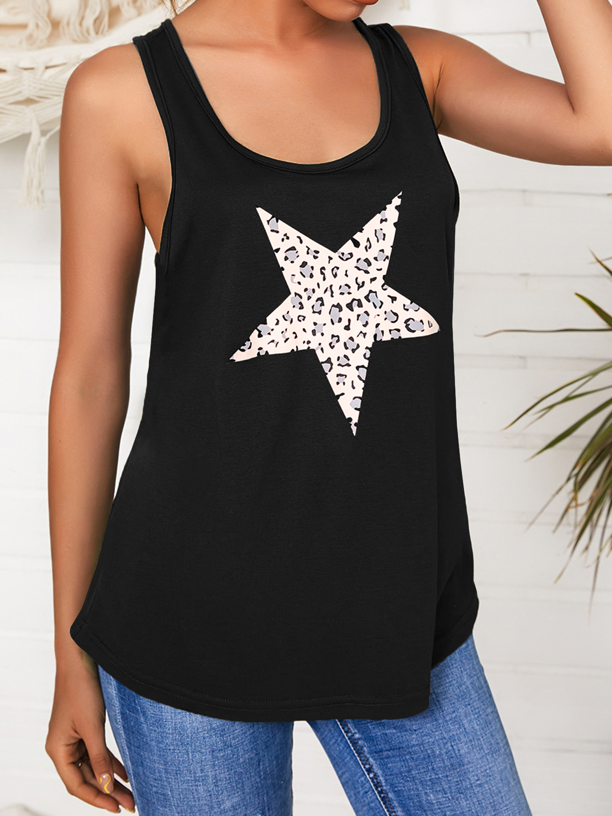 YOINS Leopard Star Print Scoop Neck Sleeveless Tank Top