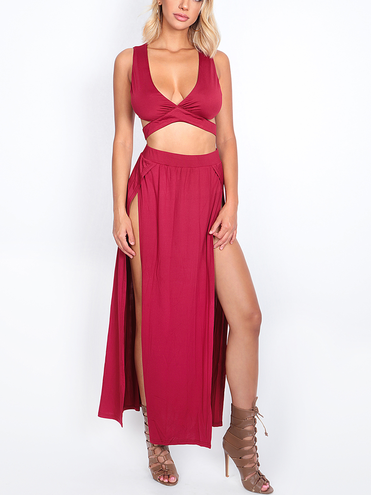 Burgundy Sleeveless V-neck Cutout Crop Top and Maxi Slit Skirt Co-ord