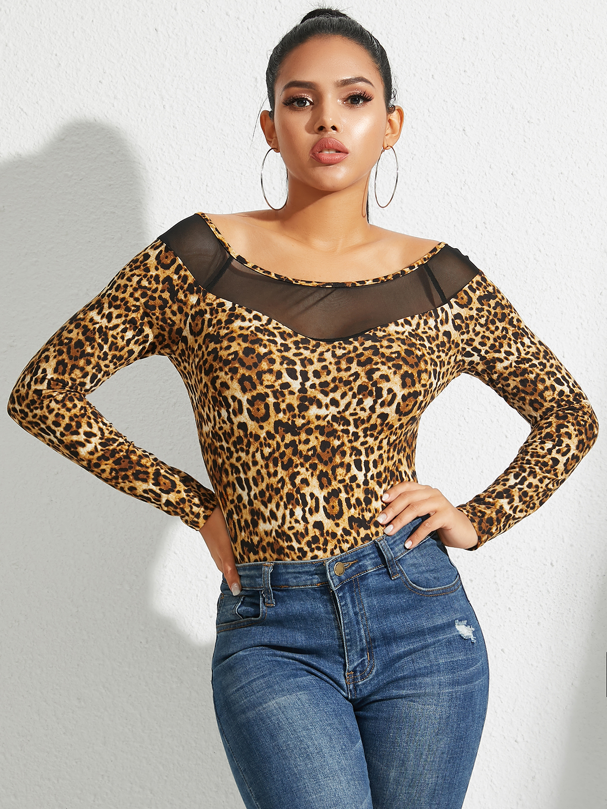 YTOINS Mesh Patchwork Leopard Bateau Long Sleeves Top