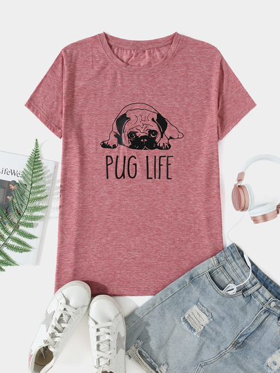 Plus Size Crew Neck Animal Letter Short Sleeves Tee
