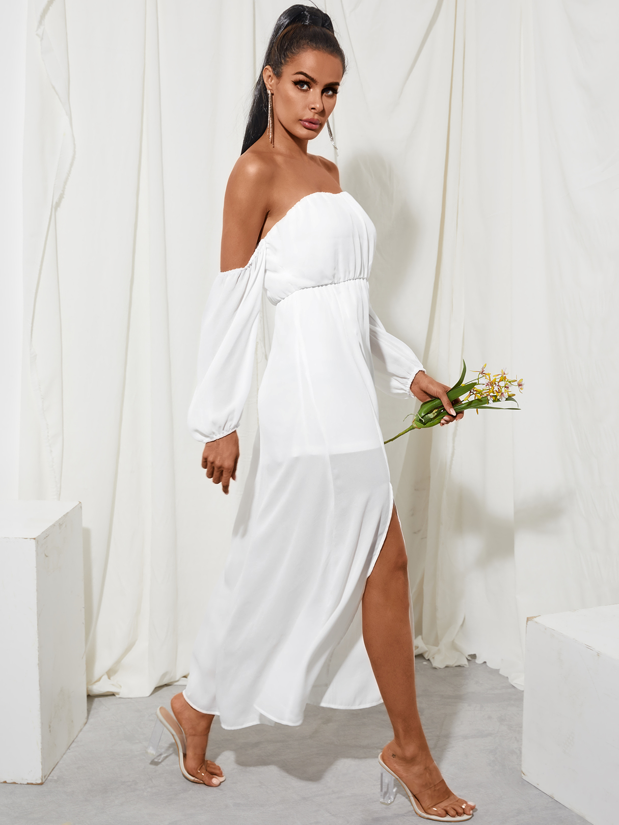 YOINS White High Slit Off The Shoulder Long Sleeves Maxi Dress