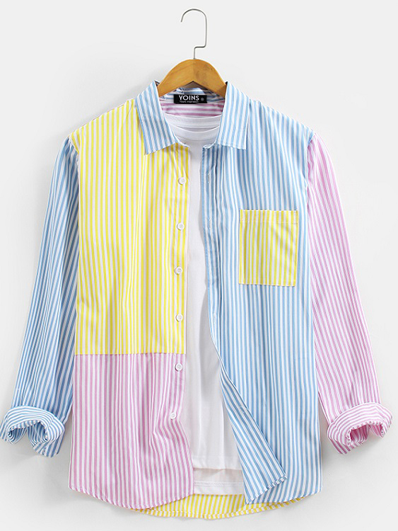 Men Casual Patchwork Striped Print Pocket Shirt