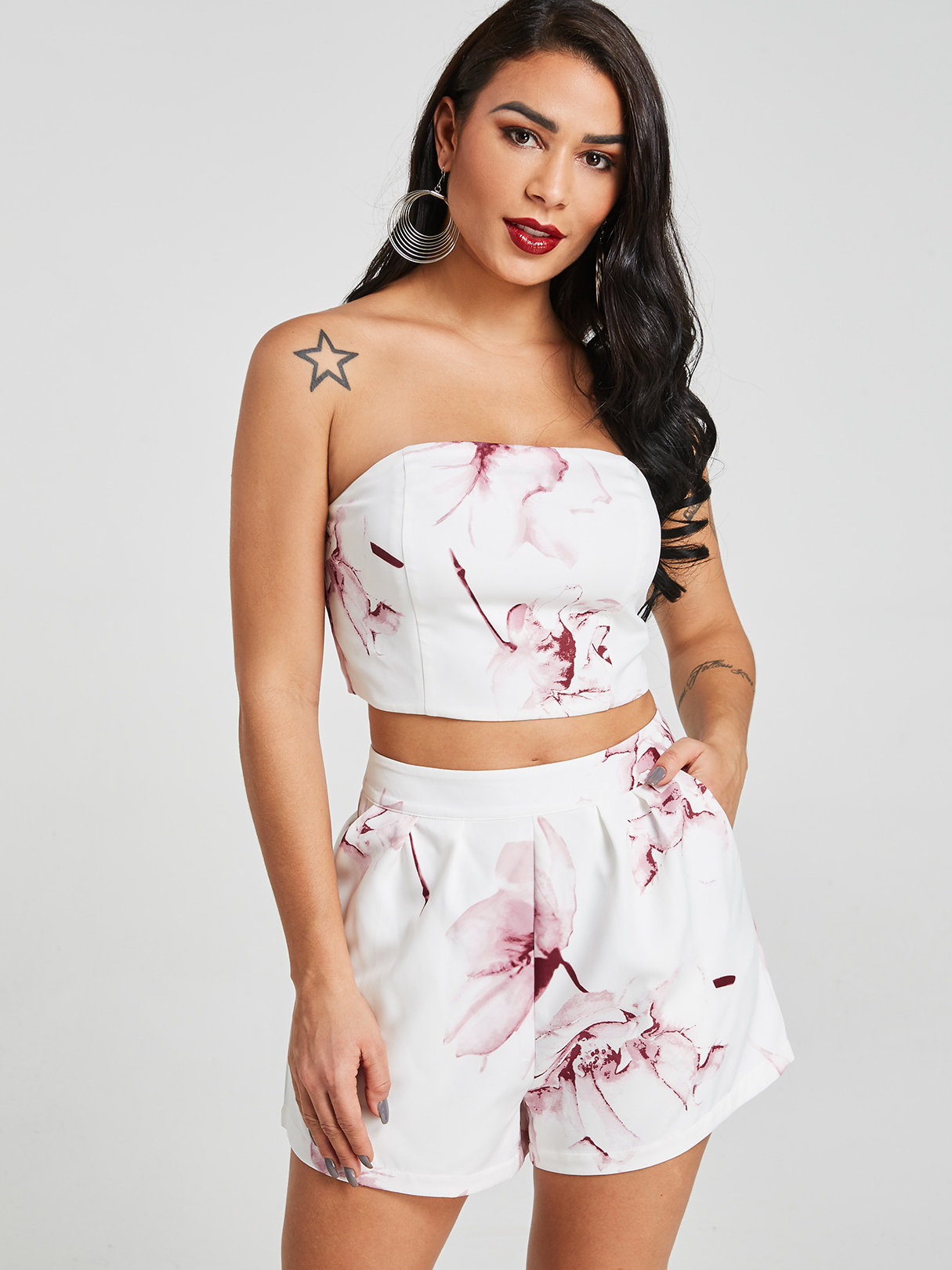 White Random Floral Print Tube Design Two Piece Outfits