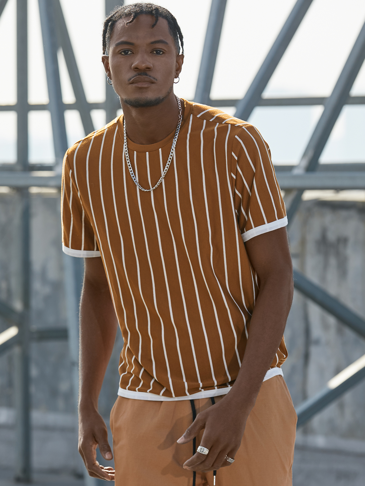 KOYYE Men Casual Striped Print Comfortable T-Shirt