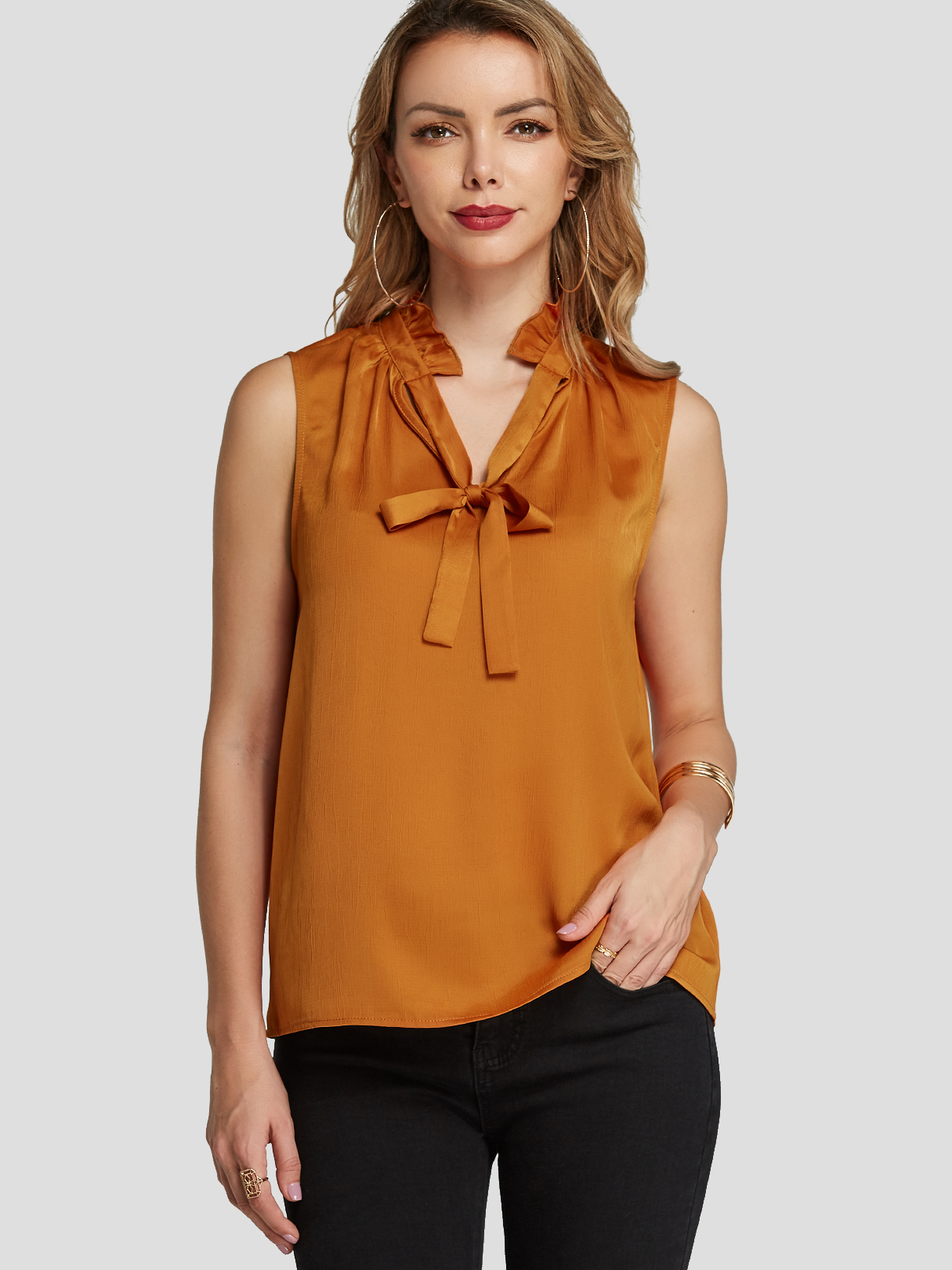 YOINS Orange Pleated Tie-up Design Frill Neck Tank Top