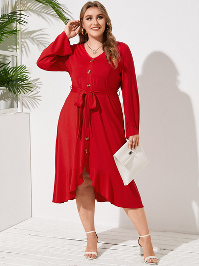 YOINS Plus Size Belt Design Front Button Long Sleeves Dress