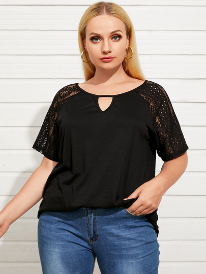 YOINS Plus Size Round Neck Lace Patchwork Cut Out Short Sleeves Blouse