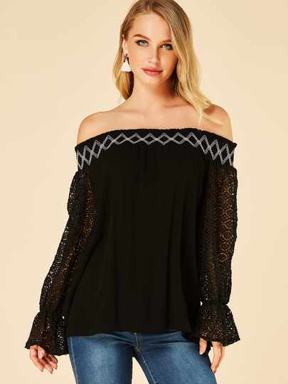 Black Lace Insert Off The Shoulder Bell Sleeves T shirt