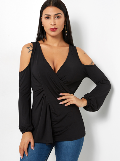 Black Wrap Design V-neck Cold Shoulder Long Sleeves T-shirt