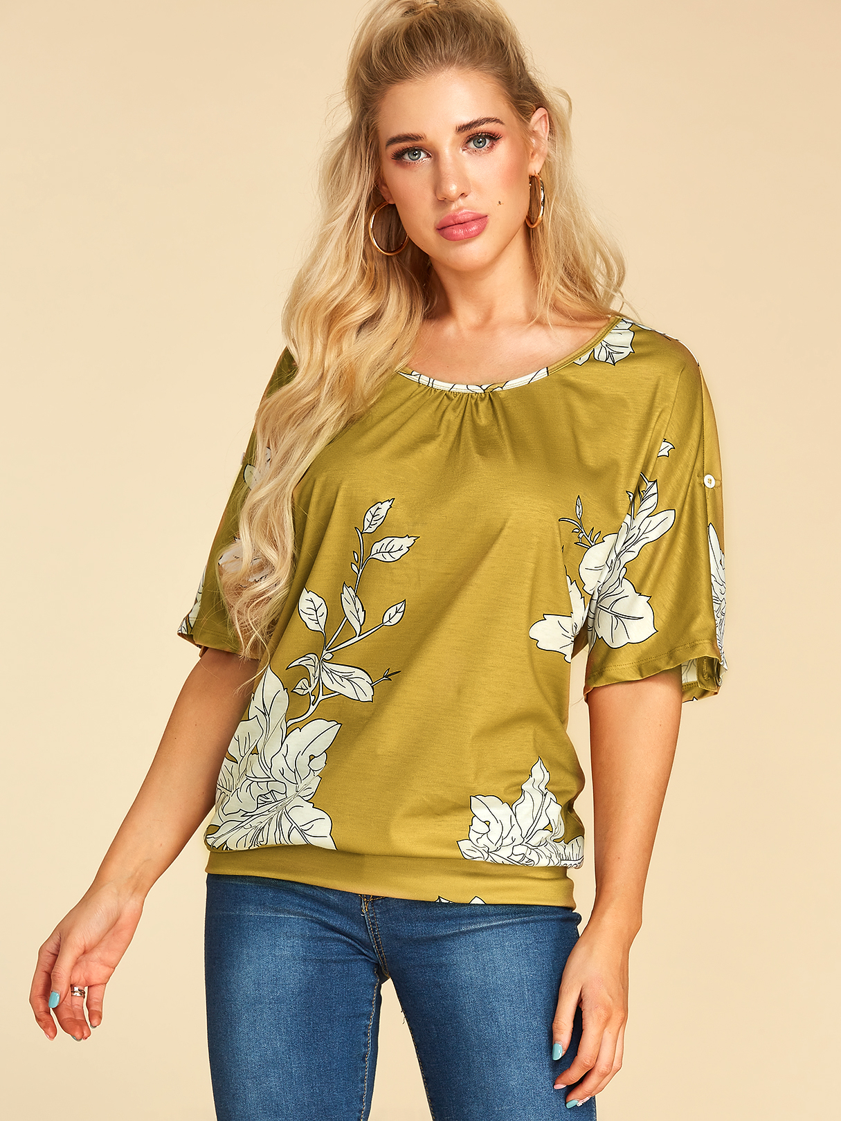 YOINS Yellow Leaf Printed Round Neck Half Sleeves Tee