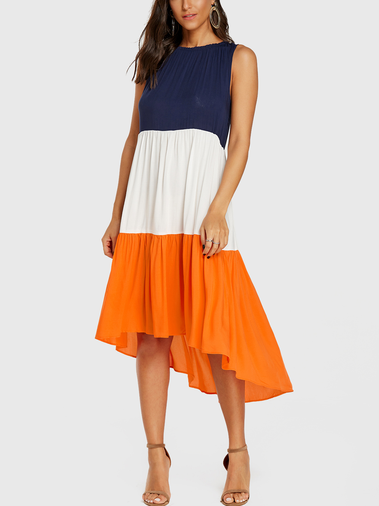 Orange Color Block Round Neck Irregular Hem Sleeveless Dress
