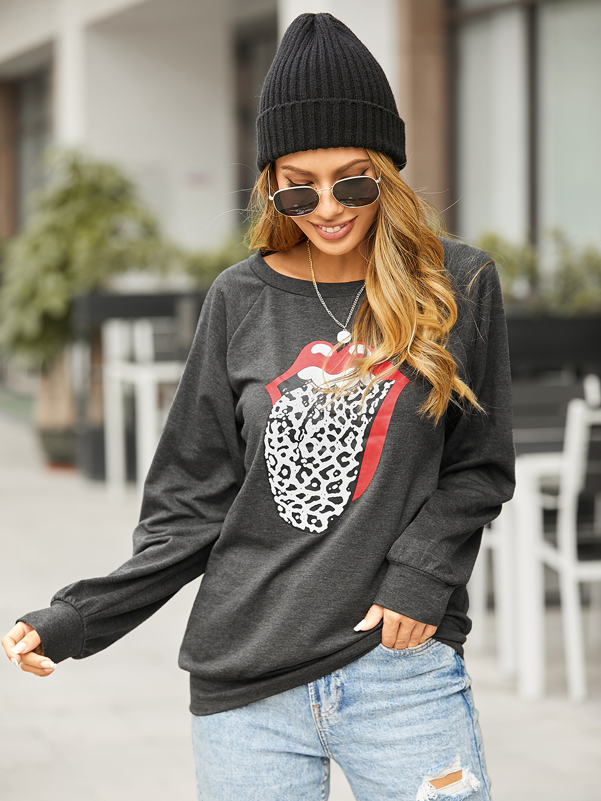 YOINS Dark Grey Lip Crew Neck Long Sleeves Sweatshirt