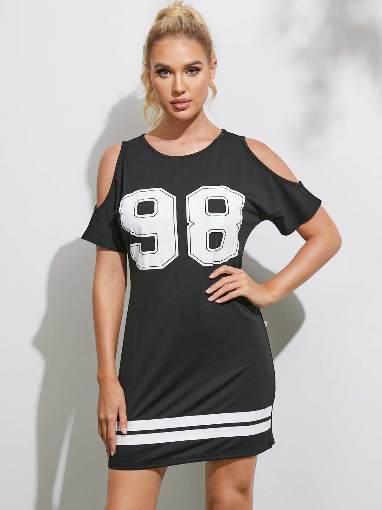 YOINS Cold Shoulder Letter Short Sleeves Mini Dress