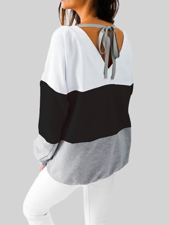 YOINS Black Stripe Tie-up Design Crew Neck Long Sleeves Tee