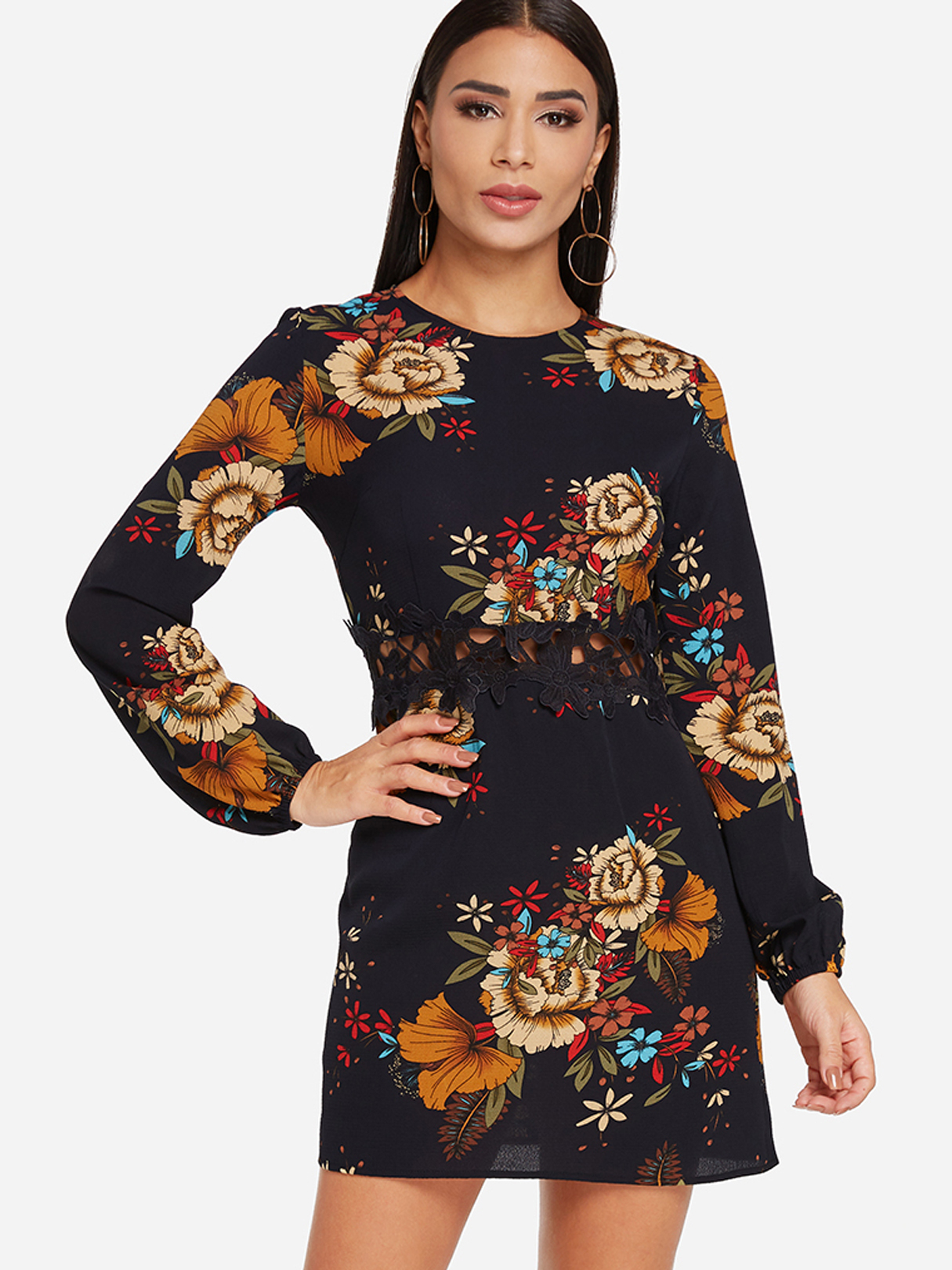 Black Lace Insert Random Floral Print Crew Neck Long Sleeves Dress