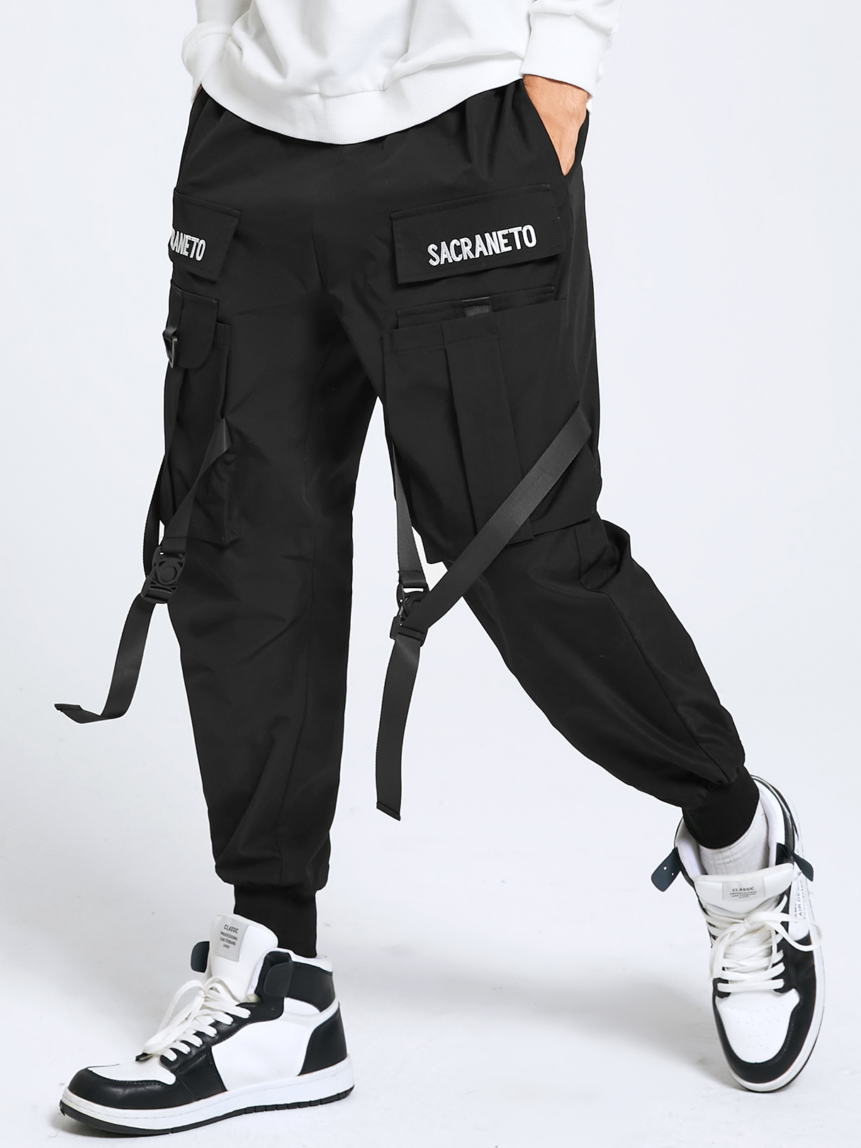 Men Hip Hop Letter Print Ribbon Design Cargo Pants